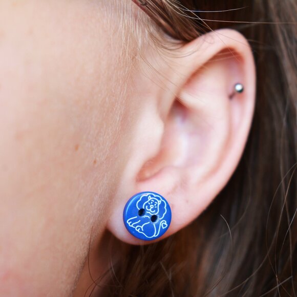 Blue Lion Button Stud Earrings - Picture 3 of 5